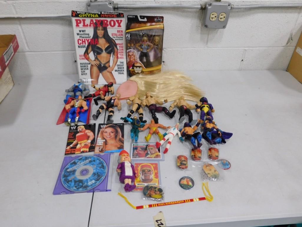 WWF / WWE Wrestling Figures & Toys, Ghostbusters, TMNT, etc Lot: WWF / WWE Jakks & Molly Holly NIP Figures, Hulk Hogan Skull cap, coins, dog tags, booklet, etc. Teenage Mutant Ninja Turtle, '80s Visionaries, Ghostbusters figures lot.
