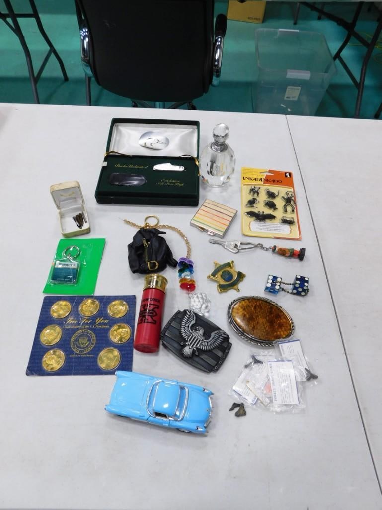 Lot of Smalls incl Tokens, Perfume Bottle, Ducks Unlimited Knife, Compact, Keychains, etc (1 of 6)