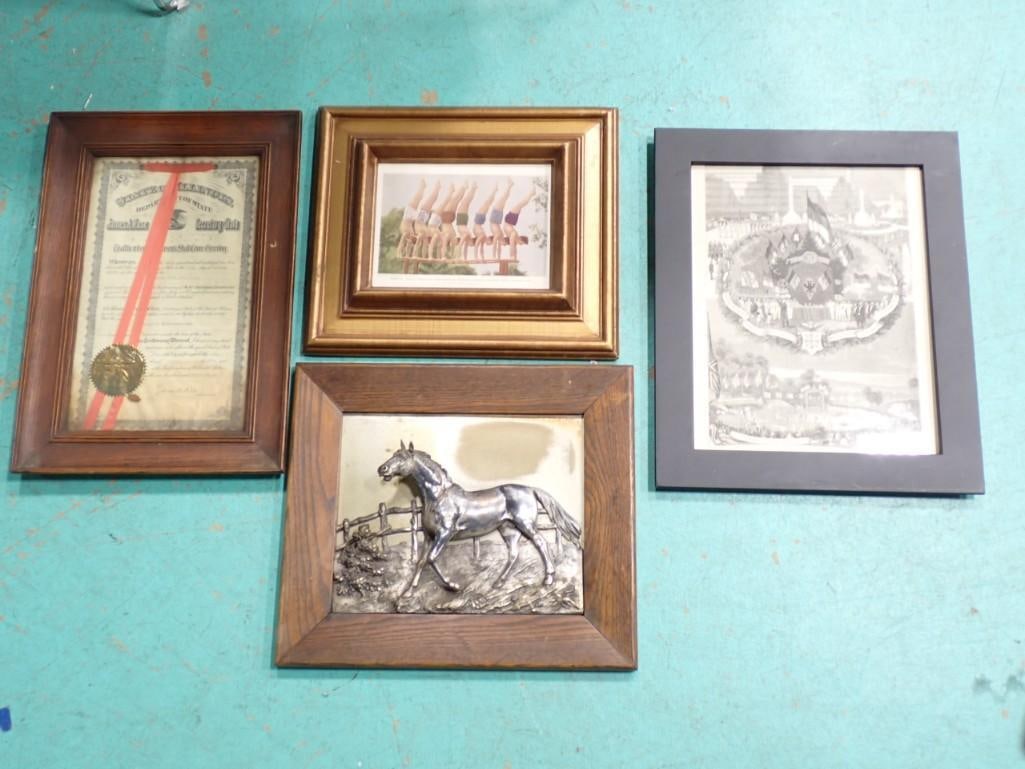 Framed Art including German Horses Equestrian Relief, old Lithographs, etc. (1 of 9)