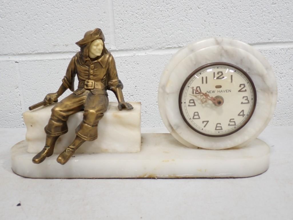 Art Deco New Haven Stone Desk Clock with Brass Figurine (1 of 10)