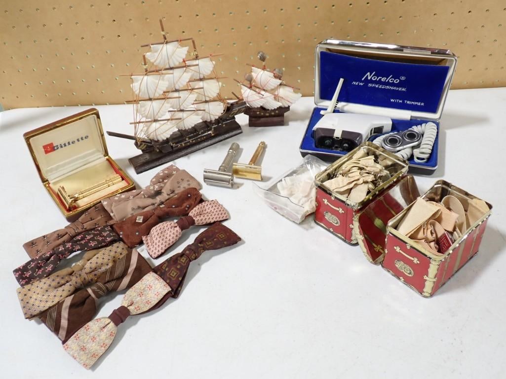 Vintage Smalls incl Bow Ties, Model Ships, Gillette Razor in a Case, Norelco Shaver, etc (1 of 9)