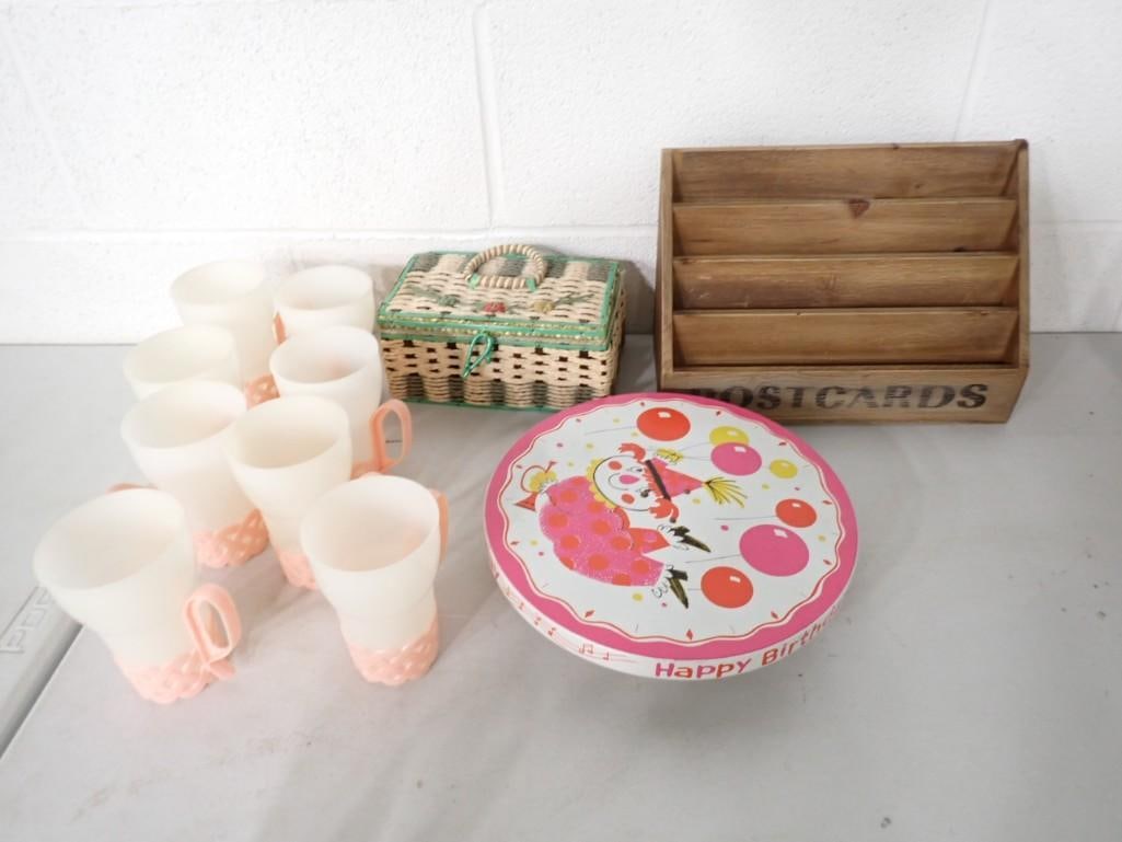 Misc Lot incl Vintage Turning Cake Plate, Vintage Postcard Holder, Wicker Basket, (1 of 8)