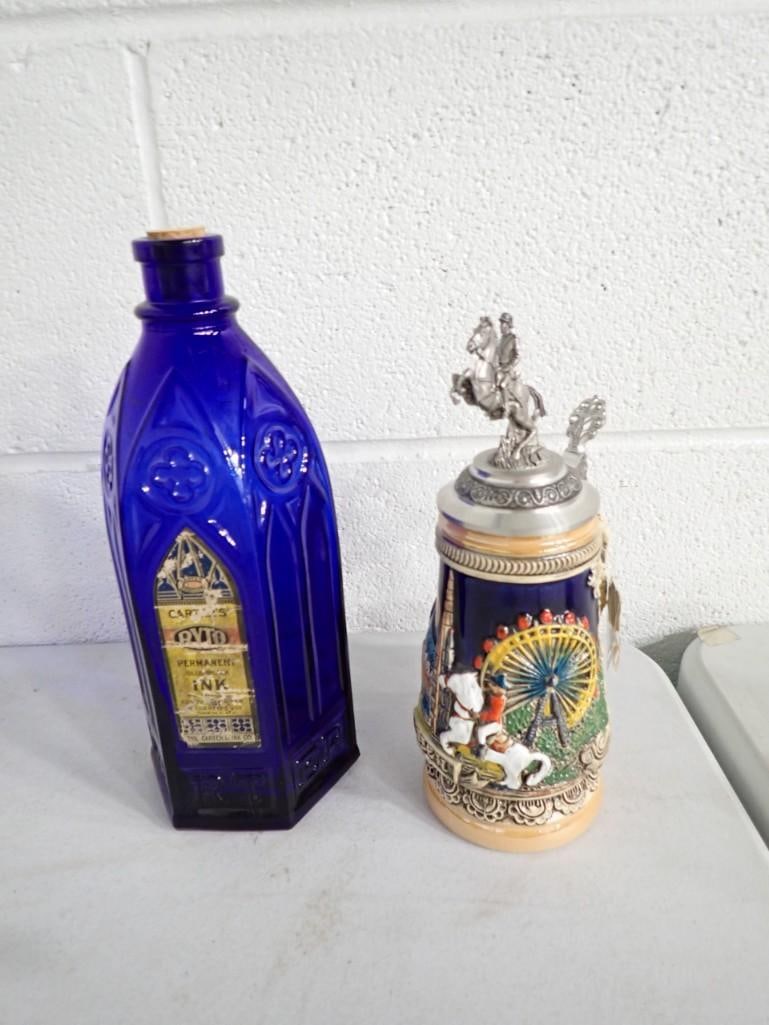 Vintage Cobalt Blue Carter's Ryto Cathedral Ink 6 Sided Bottle and King Brand Beer Stein (1 of 7)