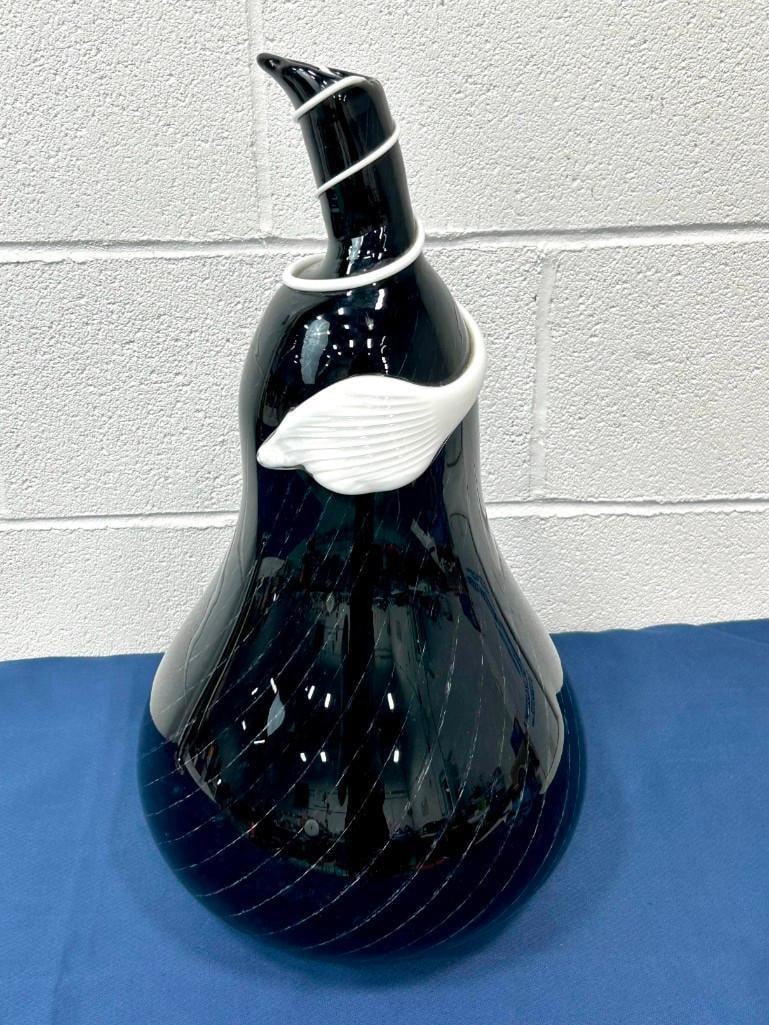 Murano Style Art Glass Pear Large 20" Tall Vase or Sculpture Black with White Applied Glass Leaf (1 of 5)