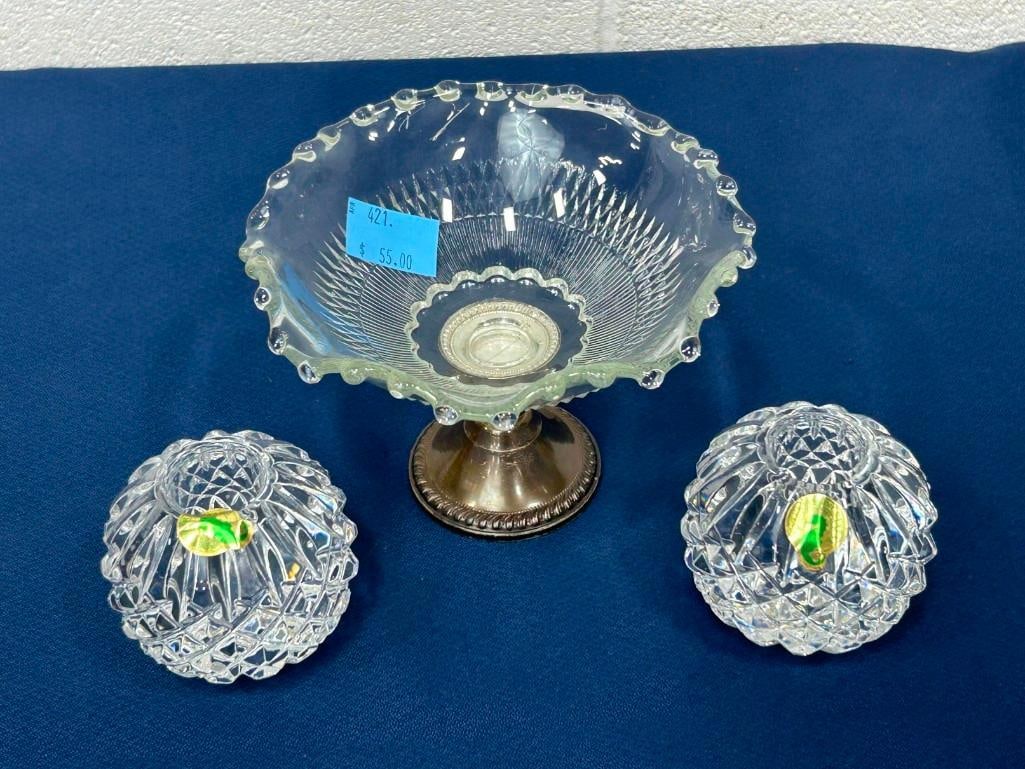 2 Waterford Crystal Candle Holders and a Glass Bowl with Weighted Sterling Silver Base (1 of 9)