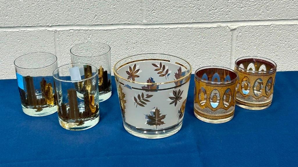 2 Mid Century Culver Regency Rocks Glasses, 3 Mid Century Marshall Field's Rocks Glasses, and a MCM: Mid Century Barware Lot incl 2 Mid Century Culver Regency Rocks Glasses, 3 Mid Century Marshall Field's Rocks Glasses, and a MCM Glass Ice Bucket