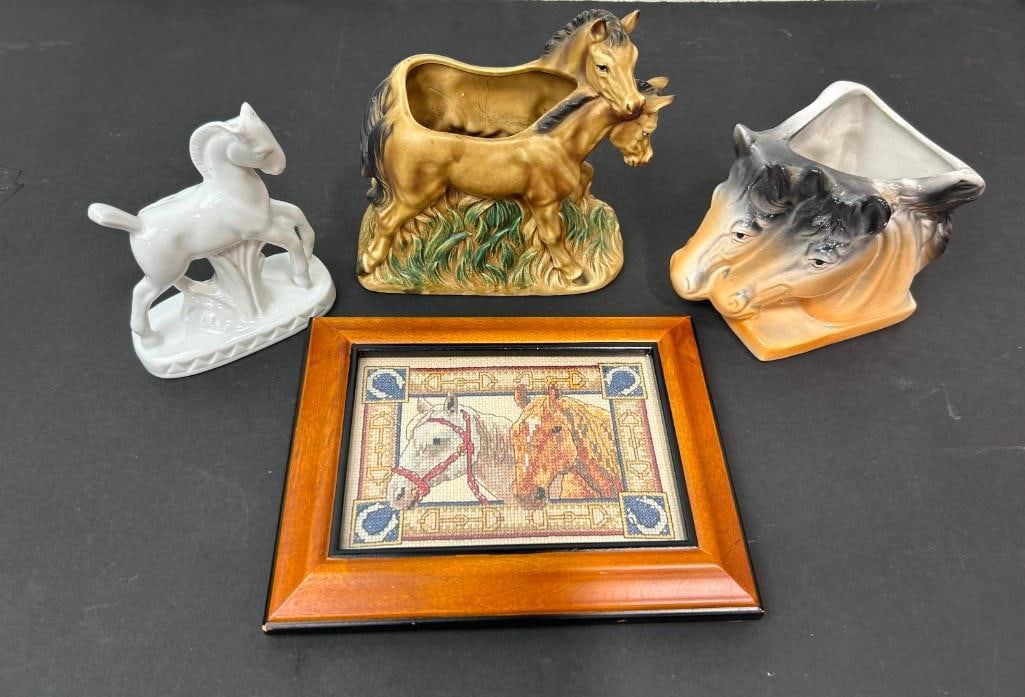 Vintage Horse Lot incl Horse Planters and Horse Cross Stitch Framed Picture (1 of 15)