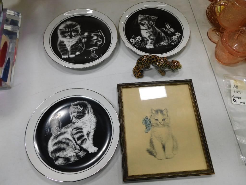 Cat Collectibles Lot incl Kitten Print, Cheetah Figurine, 3 Cat Plates (1 of 12)