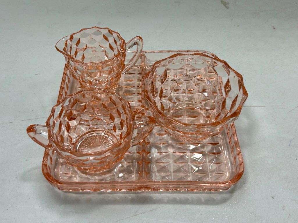 Jeanette Glass Windsor Pink Divided Tray and 3 Pc Cubist Cream, Sugar, Small Bowl (1 of 6)