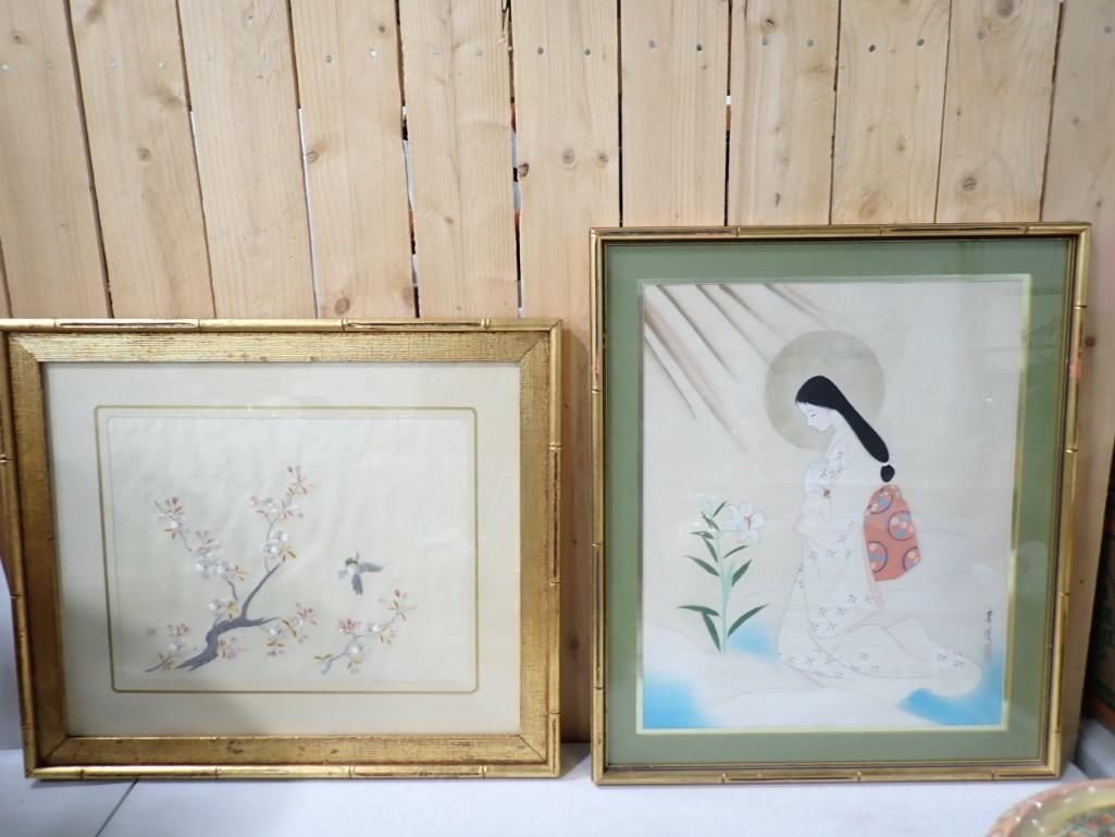 2 Asian Style Artworks incl 1 Painted on Fabric and 1 Embroidery Both 17" x 20" (1 of 8)