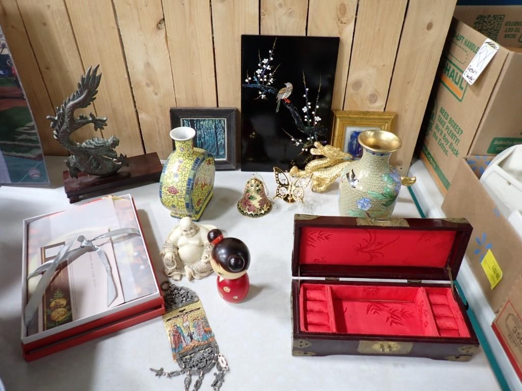 Lot of Asst Asian Decor incl Cloisonne Vase, Walling Hanging with Mother of Pearl, Jewelry Box, (1 of 17)