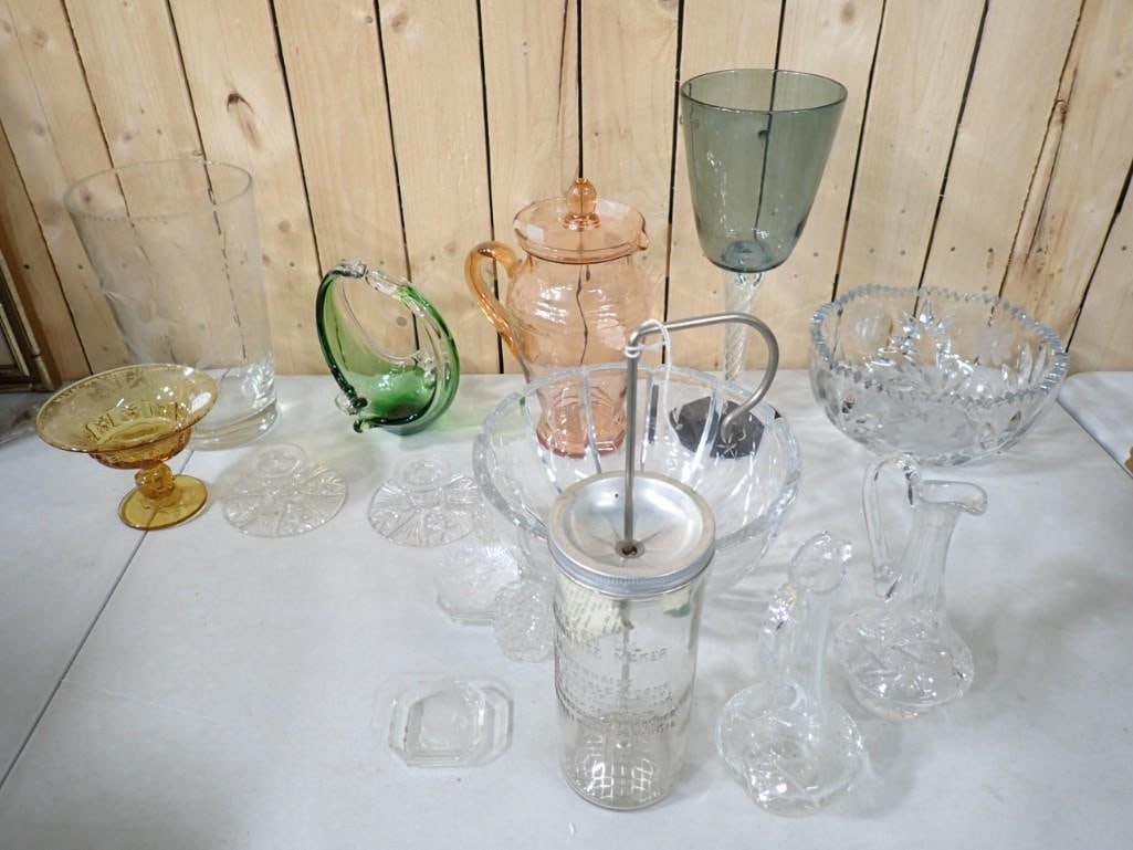 Glass Lot incl Large Stemware Vase or Goblet, Pink Glass Pitcher, Mayonnaise Maker, (1 of 14)