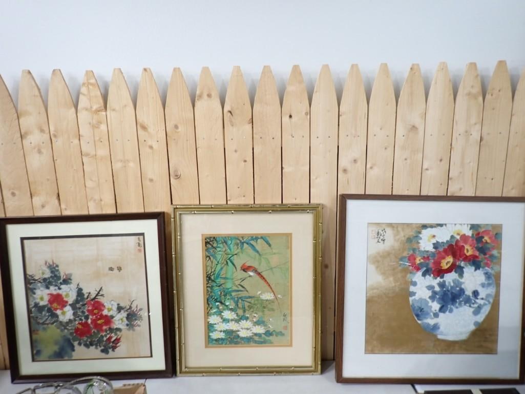 3 Original Framed Paintings Asian Style incl Floral and Bird (1 of 14)