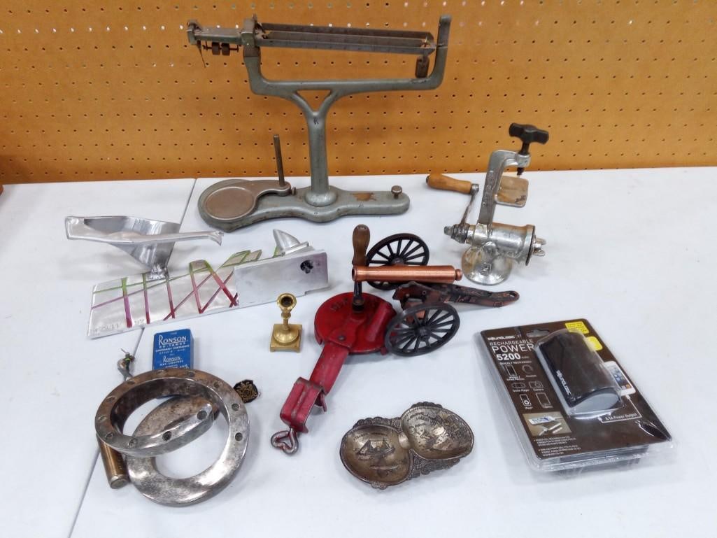 Misc Lot incl Vintage Triple Beam Scale, Meat Grinder, Vintage Ronson Lighter, etc: Misc Lot incl Vintage Triple Beam Scale, Meat Grinder, Vintage Ronson Lighter, etc