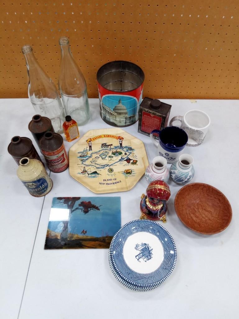 Misc Lot incl Vintage Tin Bottles, Glass Bottles, Mexican Signed Vase, Clara and Nutcracker Music Eg (1 of 10)