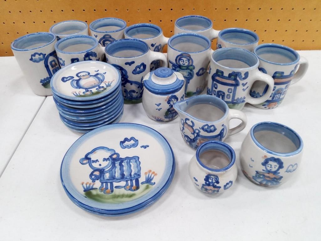 Lot of Pottery Signed MA Hadley 24 pc Blue and White Animal Pattern (1 of 4)