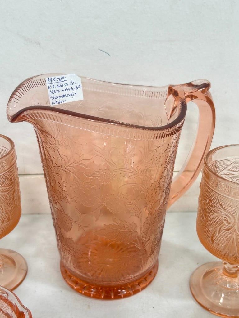 Lot of Pink Glassware US Glass Company Pitcher, Jeanette Glass Cubist Plates, with Tiara Sandwich Gl (1 of 17)
