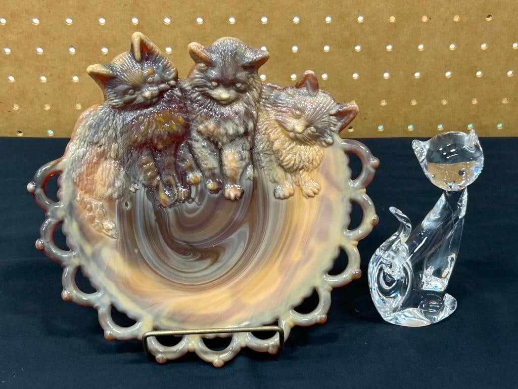 Vintage Westmoreland Glass 3 Kittens Plate with Lace edge Rootbeer Swirl in Color, Vintage Vilca: Vintage Westmoreland Glass 3 Kittens Plate with Lace edge Rootbeer Swirl in Color, Vintage Vilca Atelier Cristallo Al Piombo / Italy Clear Crystal Cat
