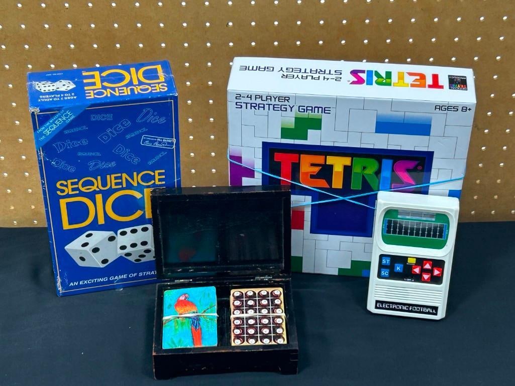 Game Lot incl Tetris, Sequence (NIB), Mattel Electronic Football (works/ battery) Vintage Wood (1 of 7)