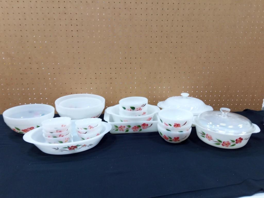 1950's Vintage Kitchen Fire King "Peach Blossoms" Lot - 6 custard, 6 bowls, 2 medium, 1 large, 1 squ (1 of 10)