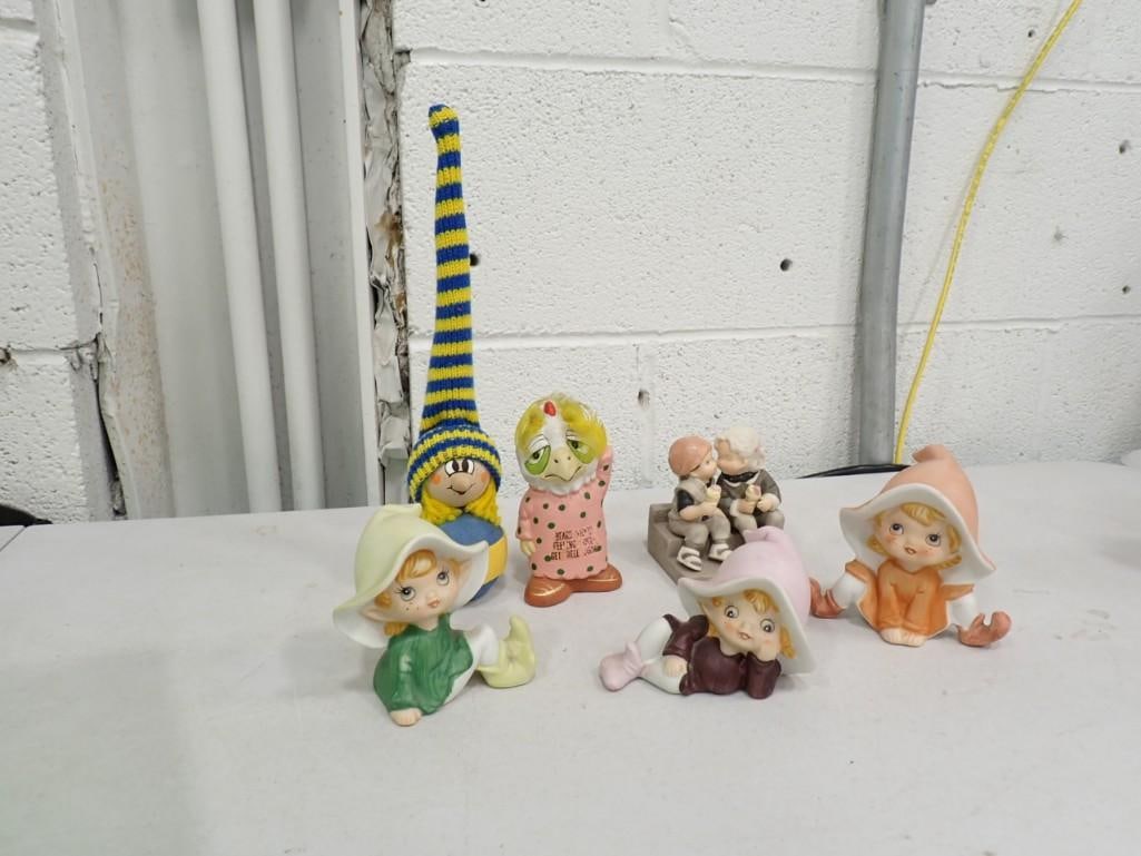 Figurine Lot incl 3 Enesco Pixies in Bisque, Enesco Feeling Fowl 1960s or 70s, Handmade Sweden Gnome (1 of 9)