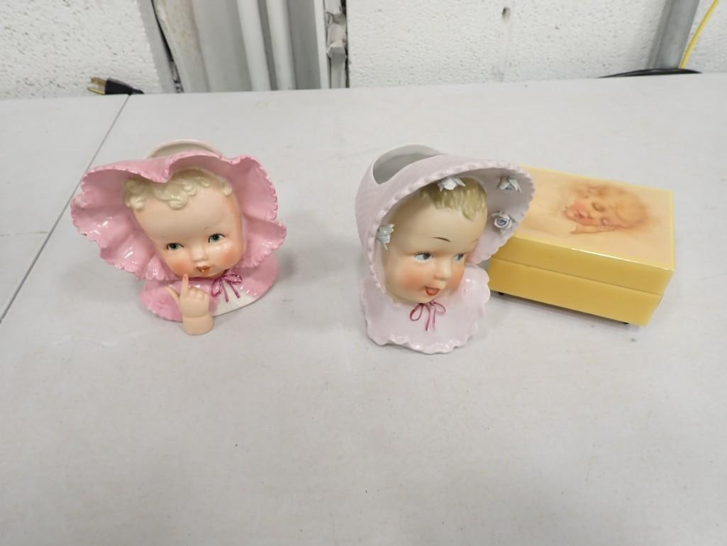 Vintage American Music Box Laquered plays Brahm"s Lullaby, 2 Baby Head Vases 1960s Japan (1 of 9)