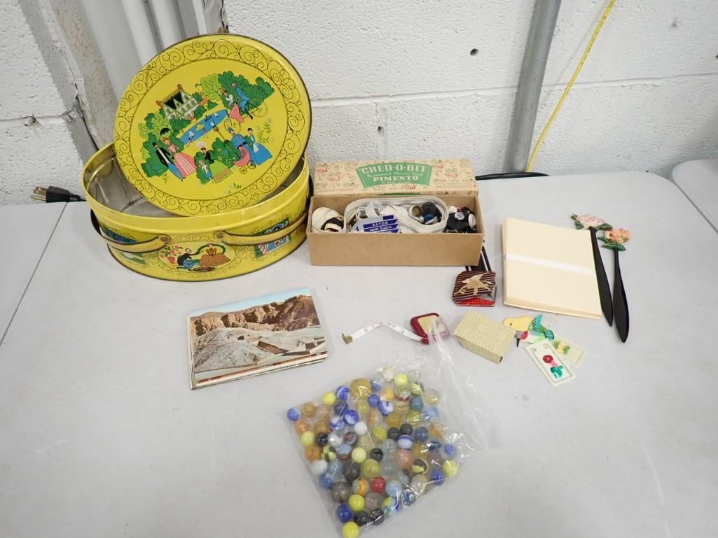 Vintage Smalls Lot incl 1952 Tin with Handles Vintage Marbles, Postcards incl Egypt,: Vintage Smalls Lot incl 1952 Tin with Handles Vintage Marbles, Postcards incl Egypt, Ched-o-Bit Cheese box with buttons, Laquered letter openers, bookmarks, etc