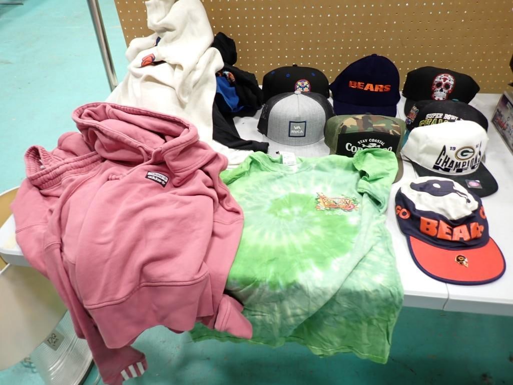 Mostly Sports Hats, Shirts, Sweatshirts, etc Please see all pictures: Mostly Sports Hats, Shirts, Sweatshirts, etc Please see all pictures. Includes Chicago Bears, Cubs, Adidas, U of I, George Strait Concert Shirt, Al Capone shirt, etc Sizes include L, XL, etc
