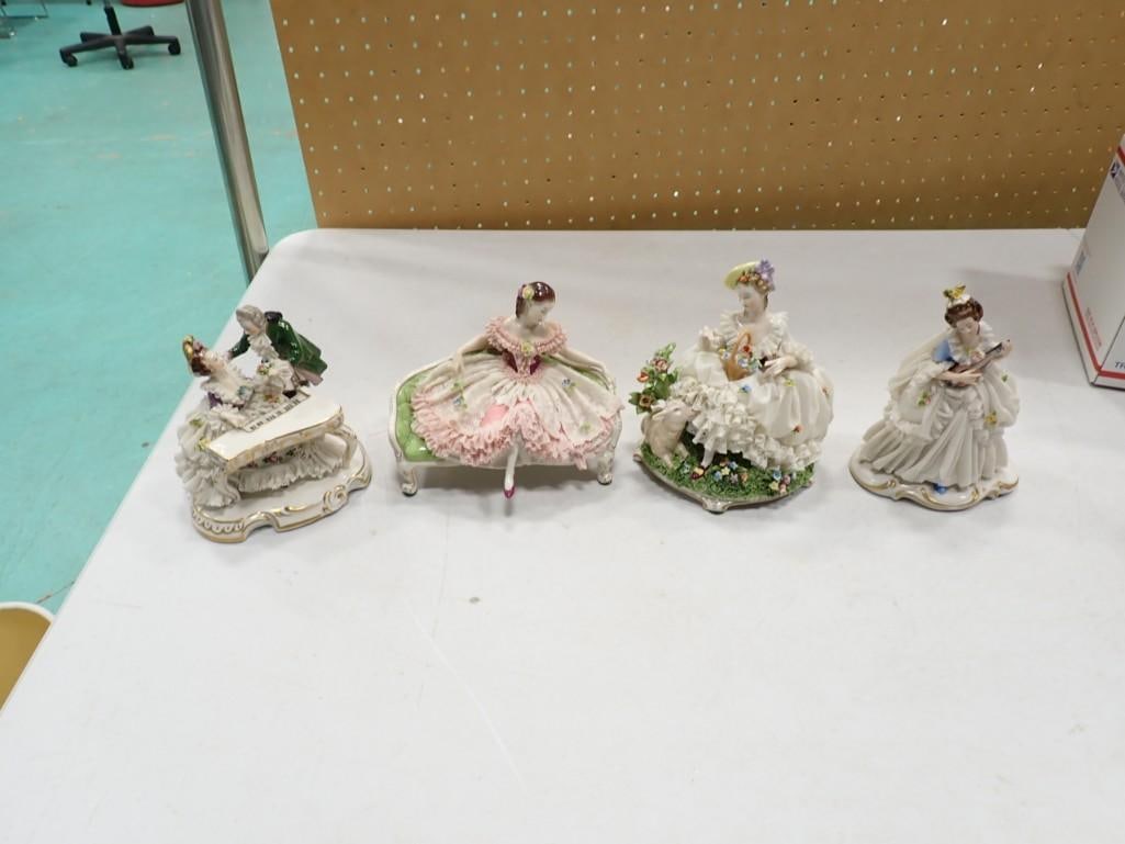 4 Porcelain Figurines incl Made in Germany: 4 Porcelain Figurines incl Made in Germany Condition: these have some damage to the porcelain "lace"