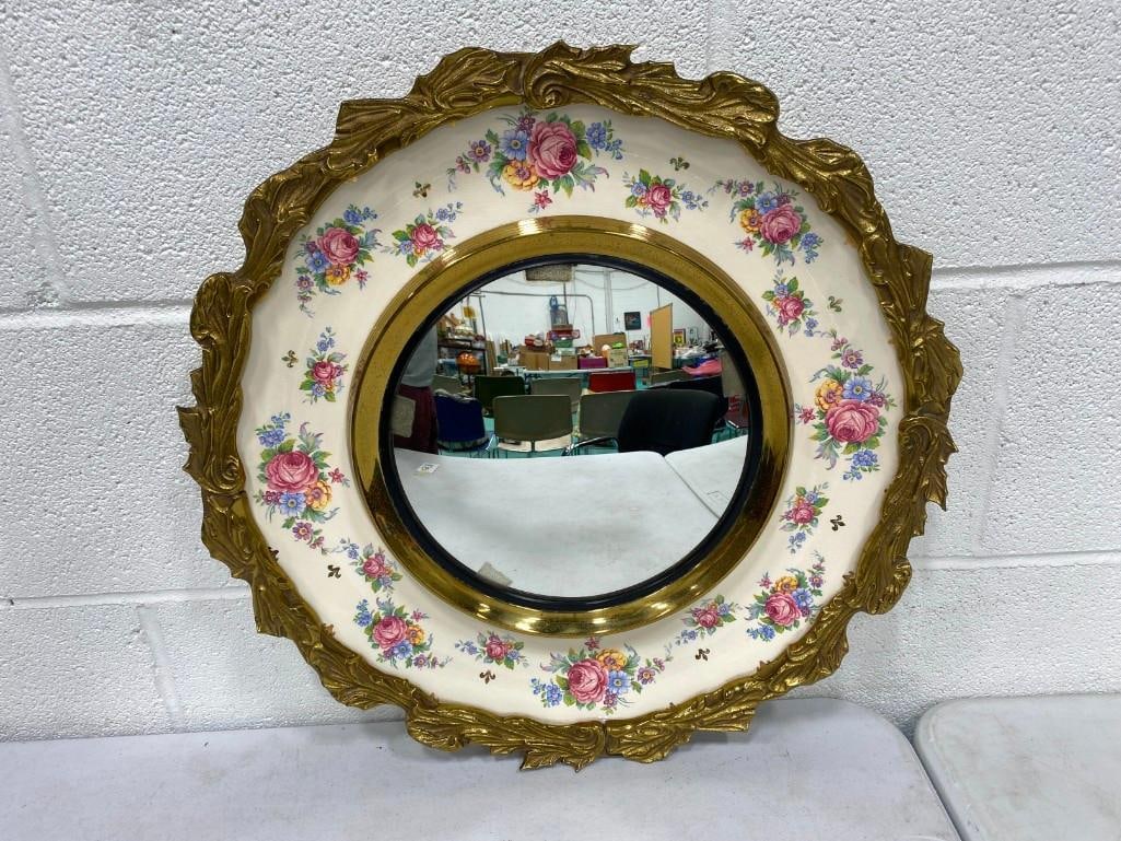 Edwardian Burgess and Leigh Ware Ceramic and Bronze Convex Mirror Approx 19" overall, inside mirror: Edwardian Burgess and Leigh Ware Ceramic and Bronze Convex Mirror Approx 19" overall, inside mirror 11.5" mirror with makers mark Made in England
