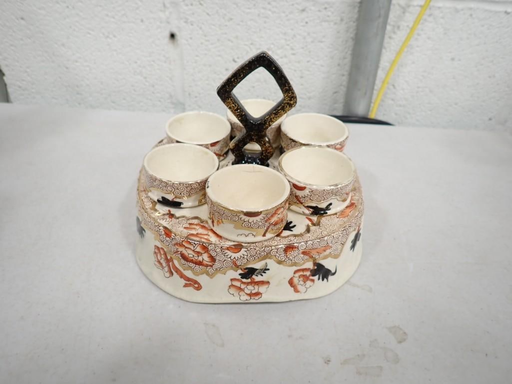 Victorian English Ironstone Egg Cruet 6 pc Set Hand Painted with Gilt: Victorian English Ironstone Egg Cruet 6 pc Set Hand Painted with Gilt