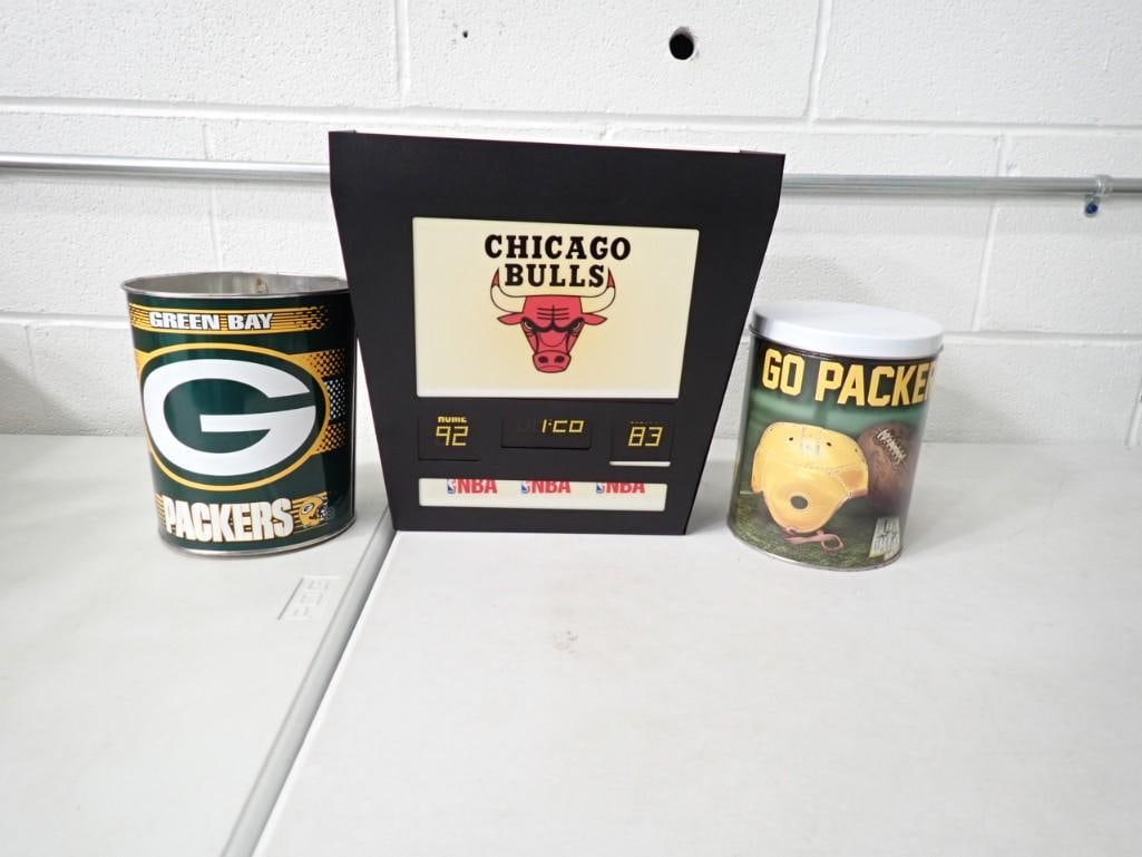 Sports Lot incl Chicago Bulls Lighted Sconce and 2 Green Bay Packers Tins (1 of 5)