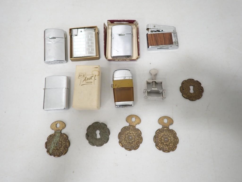 Smalls lot including Lighters and Brass Keyhole Covers, etc.: Smalls lot including Lighters including Ascot and Brass Keyhole Covers, etc.