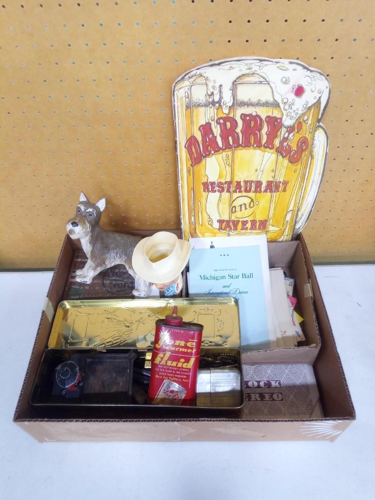 Collectibles Lot incl Vintage Ephemera, Dog Figure, Lighters, Darryl's Restaurant Menu, Oil tin, (1 of 18)