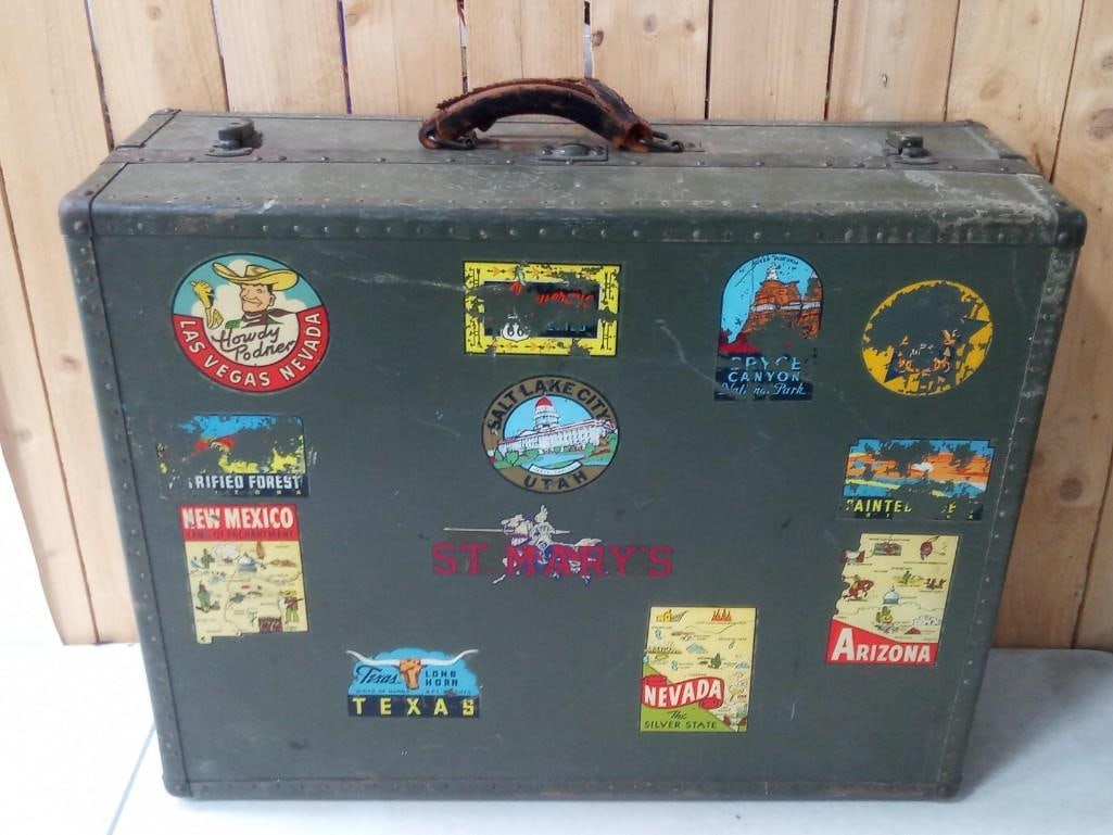 US Navy Military Suitcase with Travel Decals on the Outside: Vintage US Navy Military Suitcase with Travel Decals on the Outside