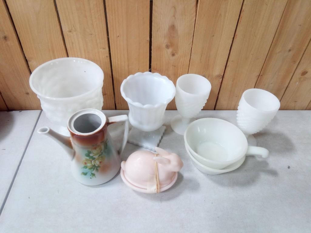 Milk Glass, Etc incl Pink Milk Glass Rabbit on Nest, White Milk Glass Water Goblets, Vases, Etc and: Milk Glass, Etc incl Pink Milk Glass Rabbit on Nest, White Milk Glass Water Goblets, Vases, Etc and a Porcelain Coffee Pot - No lid
