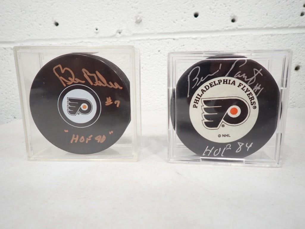 Pair of Autographed NHL Hockey Pucks - Bernie Parent HOF 1984 and Bill Barber HOF 1990 - No COA: Pair of Autographed NHL Hockey Pucks - Bernie Parent HOF 1984 and Bill Barber HOF 1990 - No COA