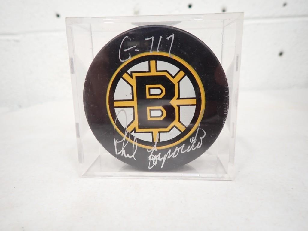 Phil Esposito Signed Boston Bruins NHL Hockey Puck with Number of Goals. No COA: Phil Esposito Signed Boston Bruins NHL Hockey Puck with Number of Goals. No COA
