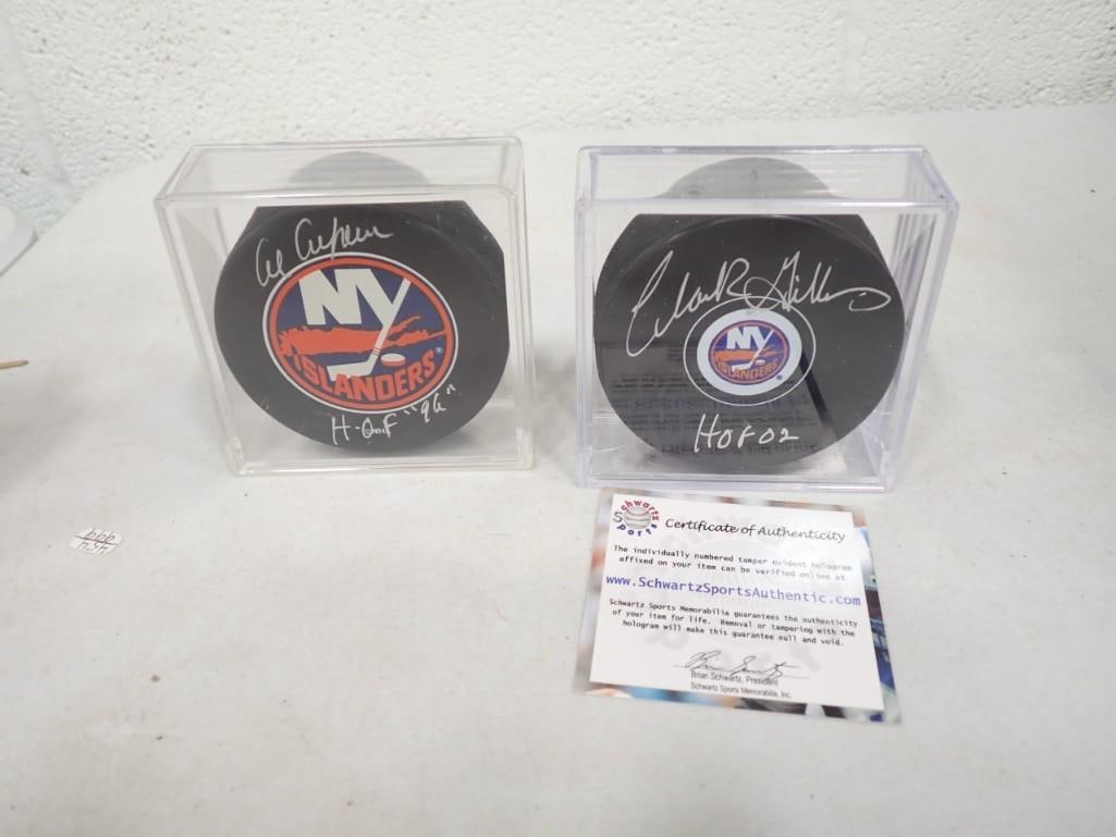 Clark Gilles HOF 2002 with COA and Al Arbour HOF 1996 Signed NHL Hockey Pucks - No COA: Clark Gilles HOF 2002 with COA and Al Arbour HOF 1996 Signed NHL Hockey Pucks - No COA