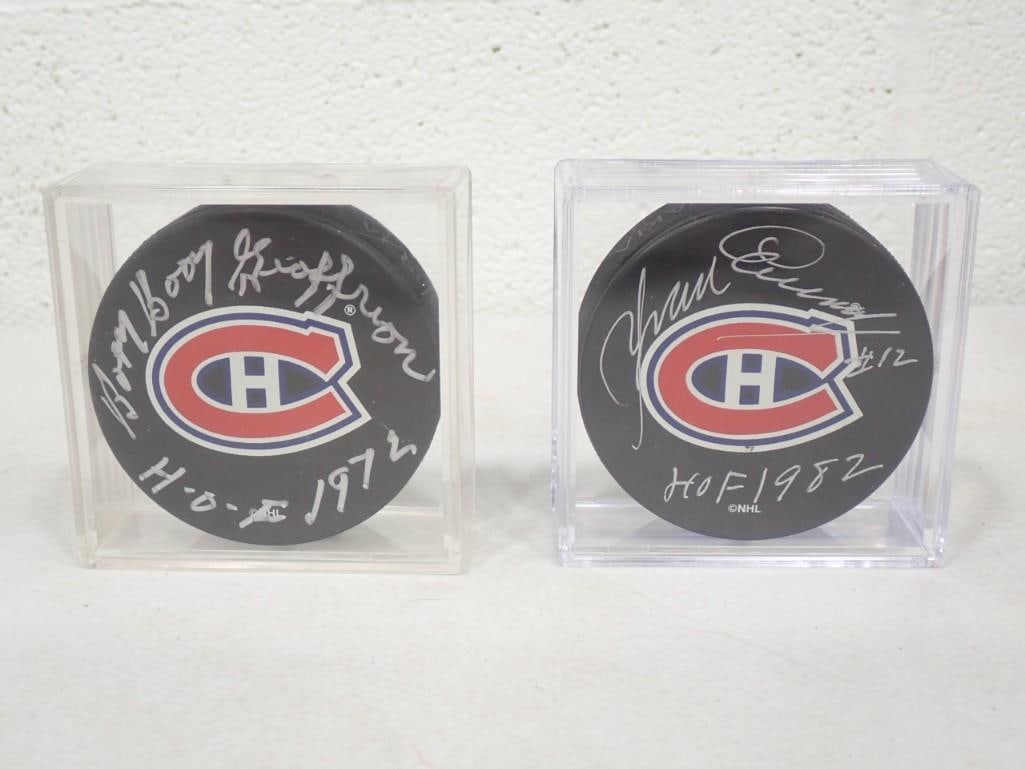 Yvan Cournoyer HOF 1982 and Boom Boom Geoffrion HOF 1972 Signed NHL Hockey Pucks - NO COAs: Yvan Cournoyer HOF 1982 and Boom Boom Geoffrion HOF 1972 Signed NHL Hockey Pucks - NO COAs