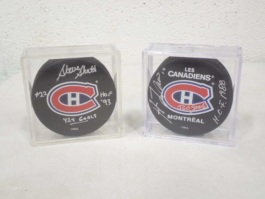 Steve Shutt HOF 1993 and Guy Lafleur 1988 NHL Hockey Pucks with Career Goal Inscriptions - No COAs: Steve Shutt HOF 1993 and Guy Lafleur 1988 NHL Hockey Pucks with Career Goal Inscriptions - No COAs