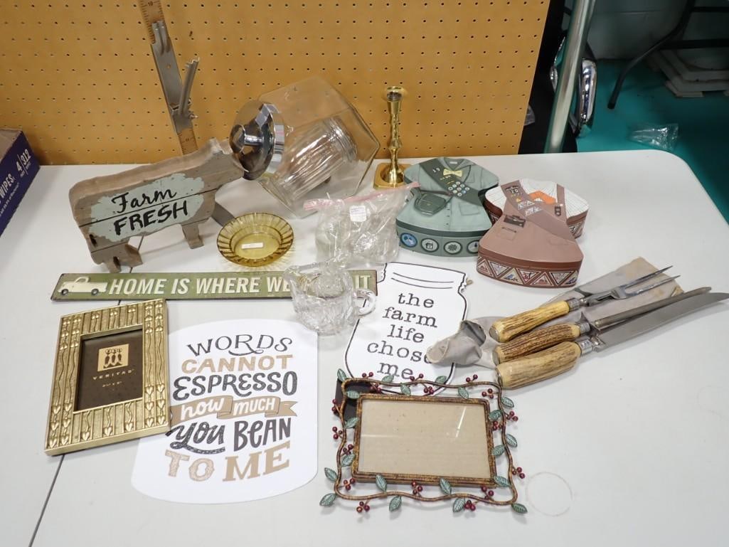 Vintage and New Household items including 2 girl scout tins, candy jar, glass sugar shaker, metal si (1 of 10)