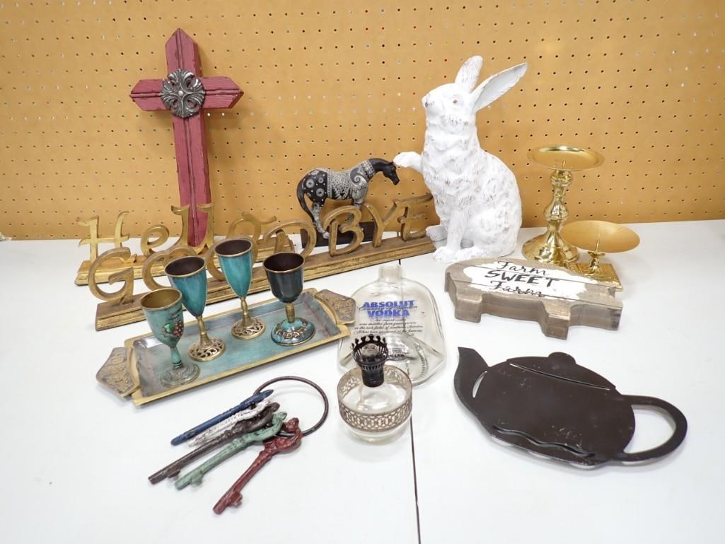 Household / Decor lot including White Rabbit, Hello/Goodbye sign, Metal tricycle basket, Deco Horse (1 of 10)