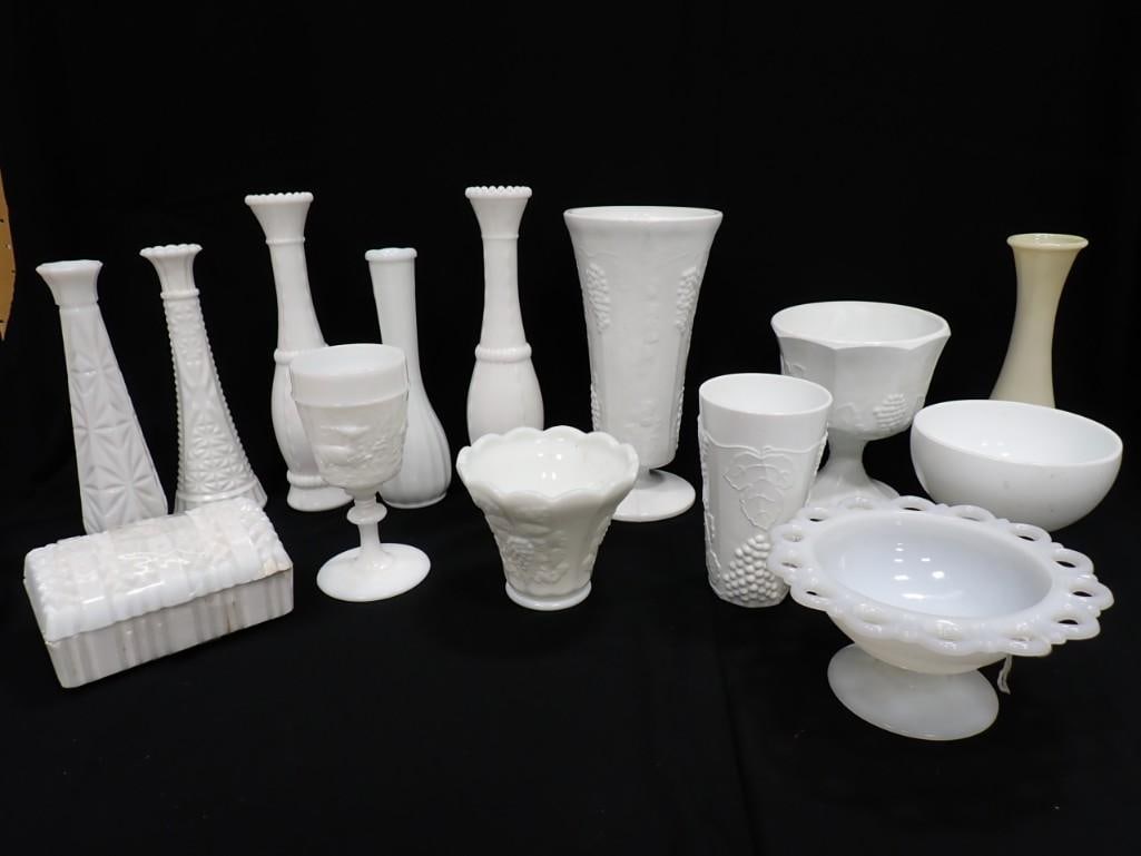 Large Milk Glass Lot including Vases, Box with Top, Bowls, Etc. (1 of 9)