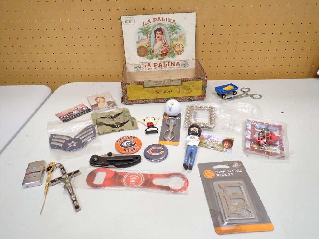 Cigar Box full of smalls / Trinkets including Military, Chicago Bears, Lighter, Betty Boop, etc.: Cigar Box full of smalls / Trinkets including Military, Chicago Bears, Lighter, Betty Boop, etc.