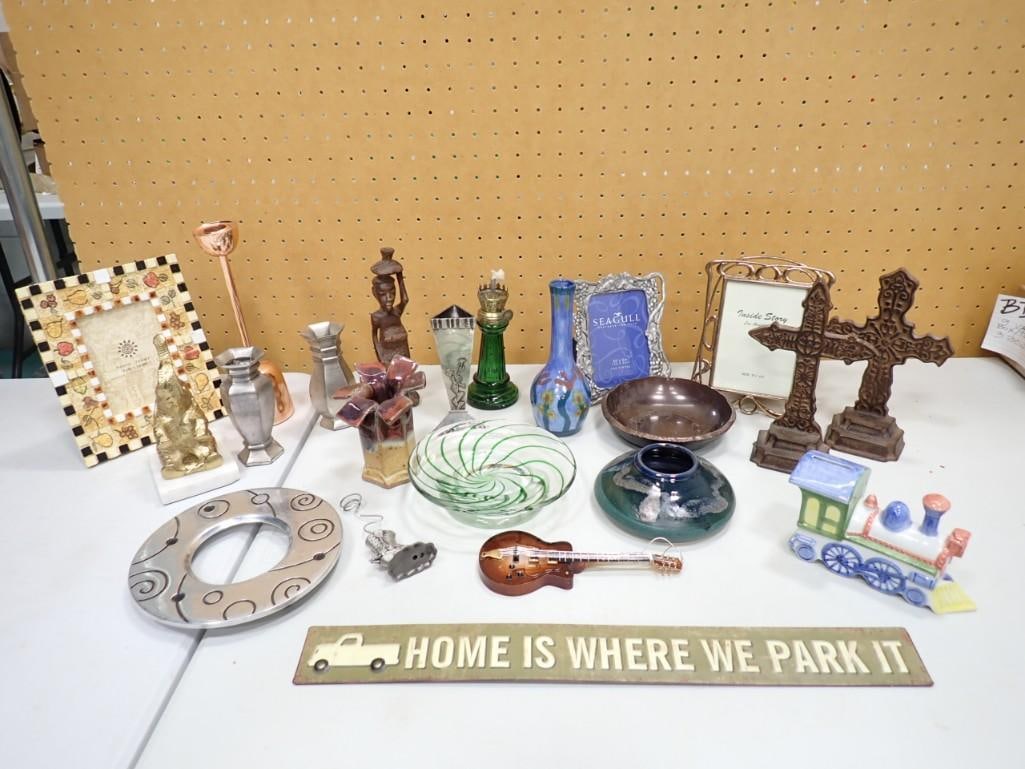 Collectibles Lot including Signed Pottery, Signs, Frames, Plates, Vases, Candle Holders, Cast Iron C (1 of 9)