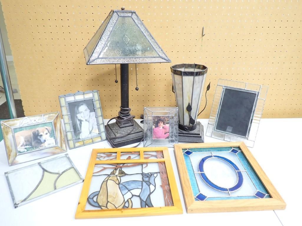 Leaded and Stained Glass Lot incl 2 Stained Glass Window Hangings, Leaded Glass Frames, Lamp, etc (1 of 9)