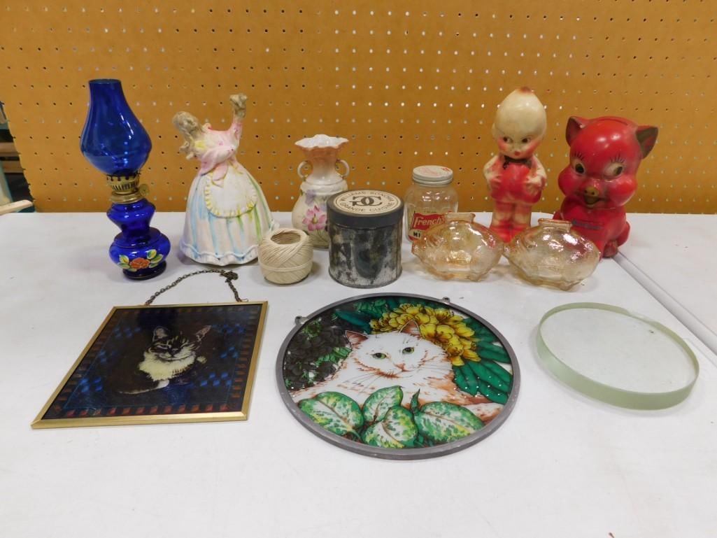 Collectibles Lot including Hanging Glass Cats, Glass Piggy Banks, Vintage Jar, Figurine, Porcelain, (1 of 9)