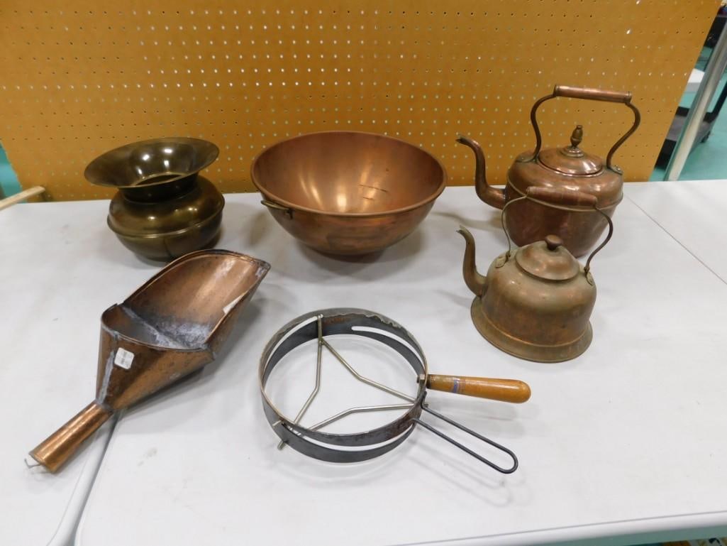 Vintage Kitchen Copper / Brass Lot, etc. including Tea Kettles, Bowl, Scoop, etc. (1 of 7)