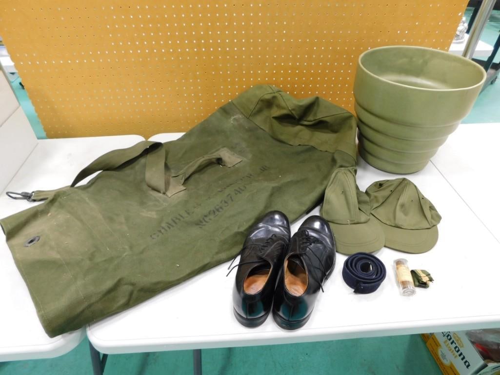 Vintage Military Bag, Shoes, Hats, Belt, some coins, etc.: Vintage Military Bag, Shoes, Hats, Belt, some coins, etc.